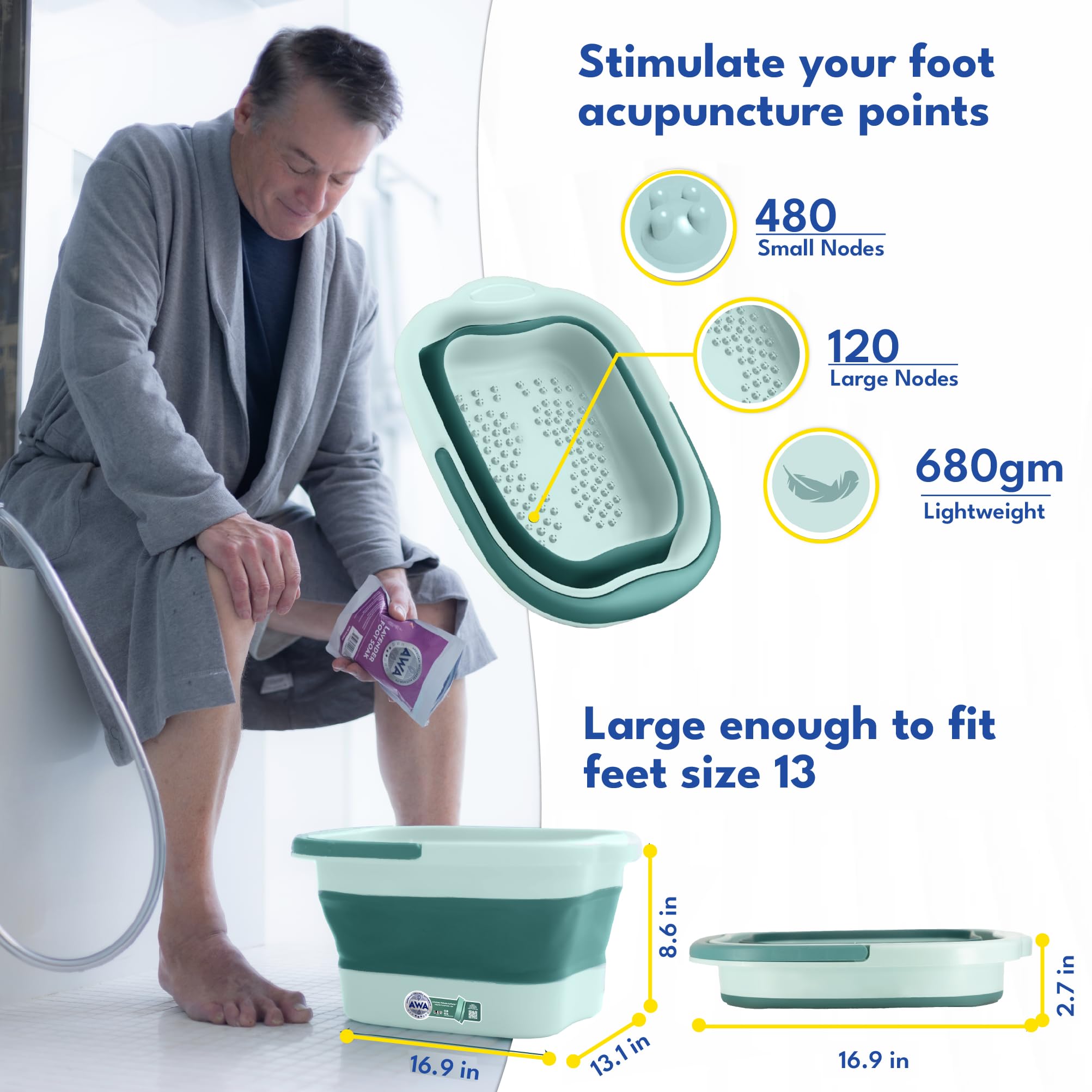 Person using portable foot spa bucket for home pedicure