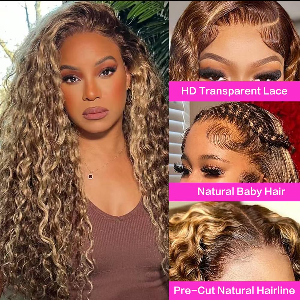 Close up of 13x6 HD transparent lace frontal hairline on a 30 inch honey blonde highlight wig.