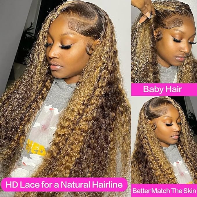Side profile of Tylokra 200 percent density deep wave human hair wig with blonde highlights.