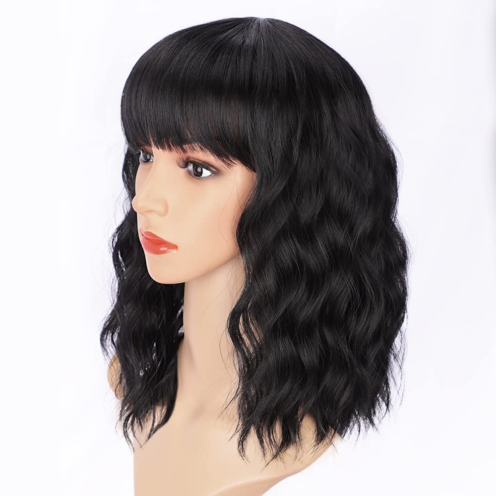 Side profile of the 14 inch black wavy synthetic bob wig.