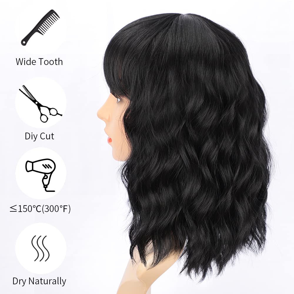 Close-up view of the natural looking heat resistant fiber texture and air bangs.