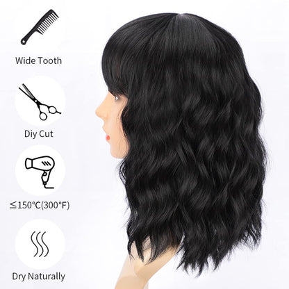 Close-up view of the natural looking heat resistant fiber texture and air bangs.