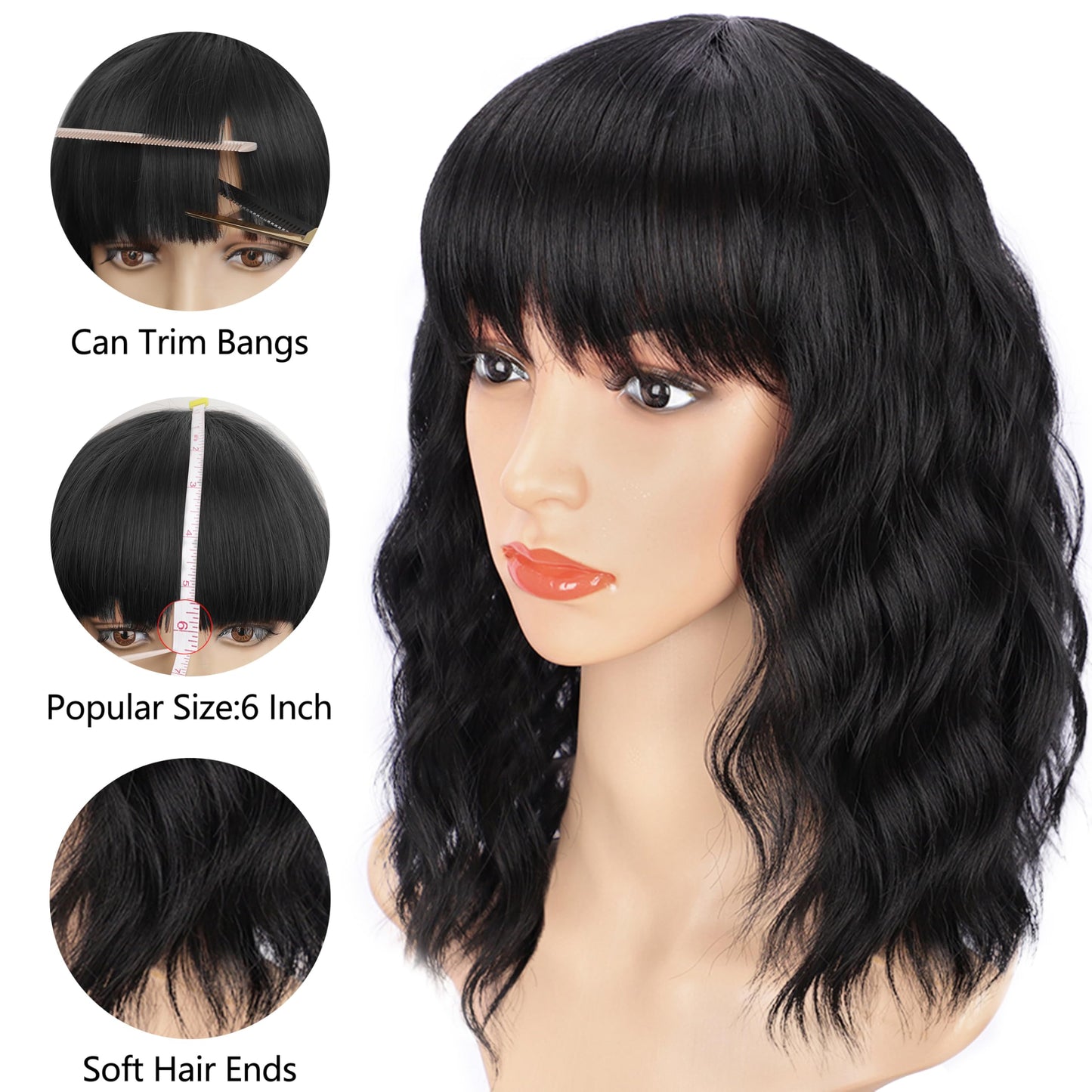 AISI HAIR short black bob wig shown alongside the included tan wig cap accessory.
