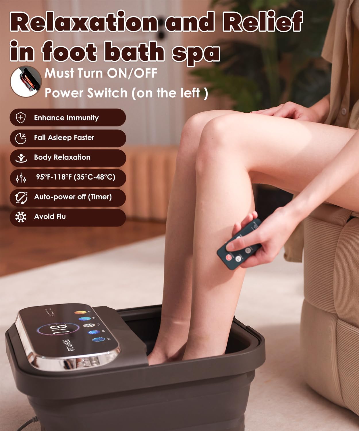 Ooambb foot bath massager side profile showing collapsible design