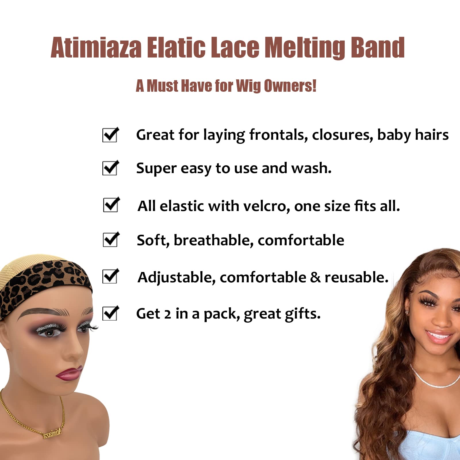 Adjustable edge wrap band for lace front wigs showing the secure hook and loop closure design