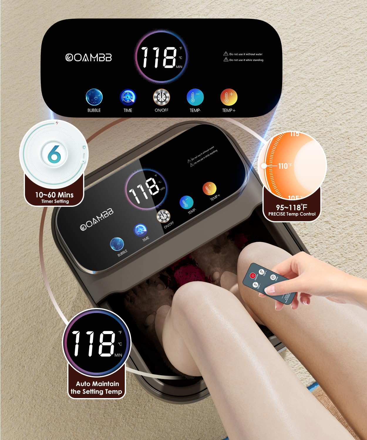 Close up of Ooambb foot spa color touch screen and remote
