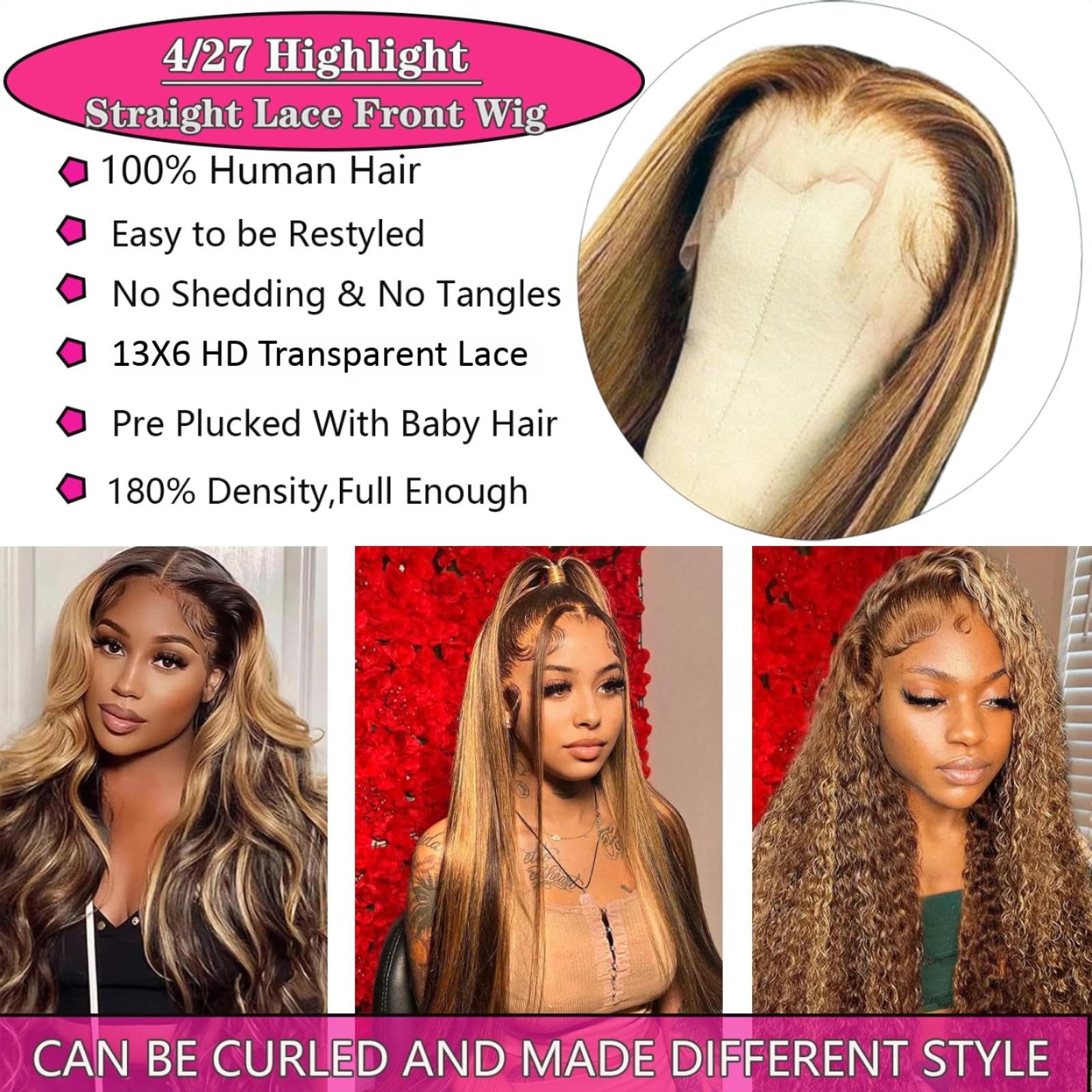 Close-up of the 13x6 HD transparent lace frontal on the Cypha straight highlight wig
