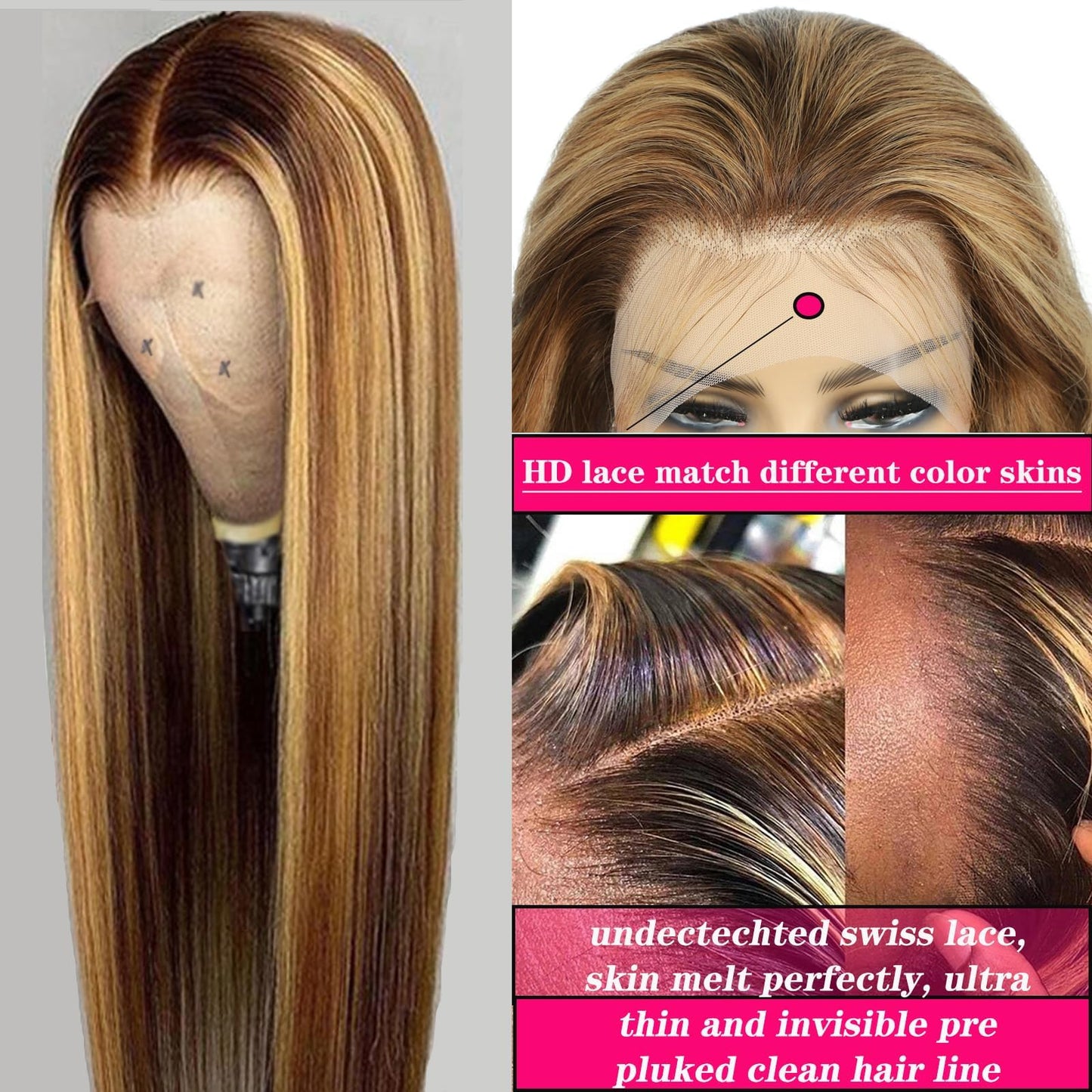 Detailed texture shot of the silk straight 4/27 premium Brazilian virgin hair strands