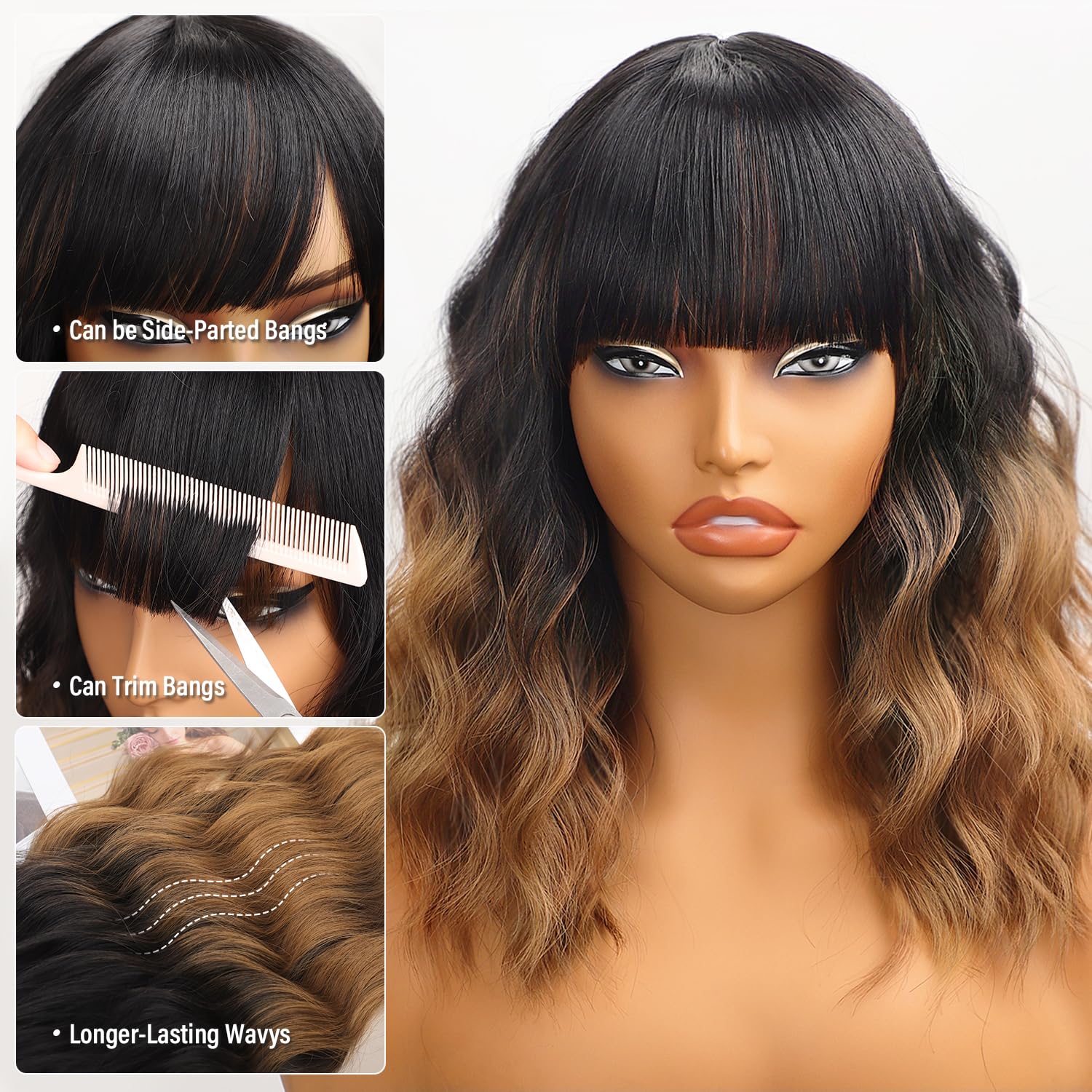 Side angle of Nnzes shoulder length curly synthetic hairpiece showcasing the natural wave pattern.