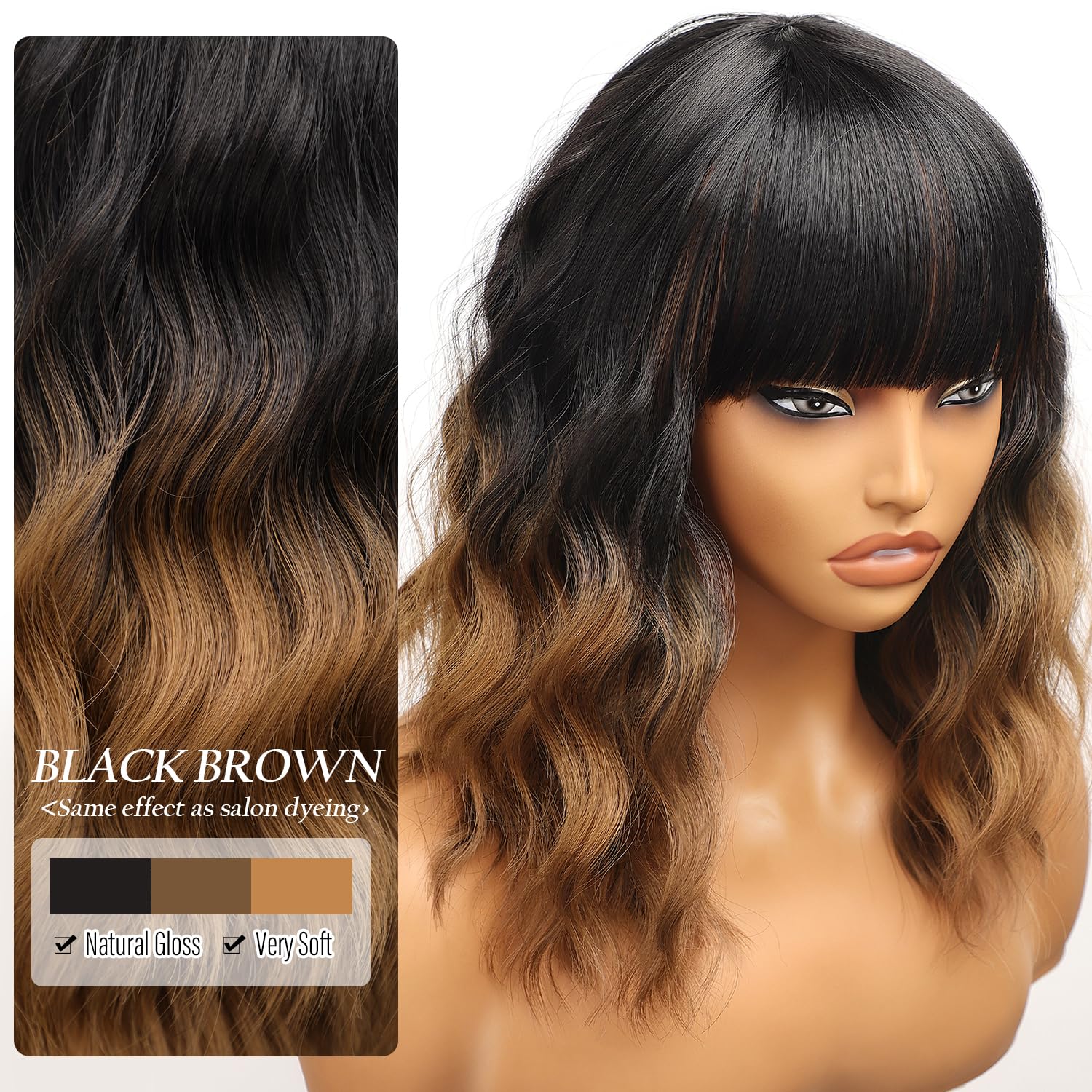 Close up view of the ombre gradient transition from dark roots to chocolate brown ends on the Nnzes wig.
