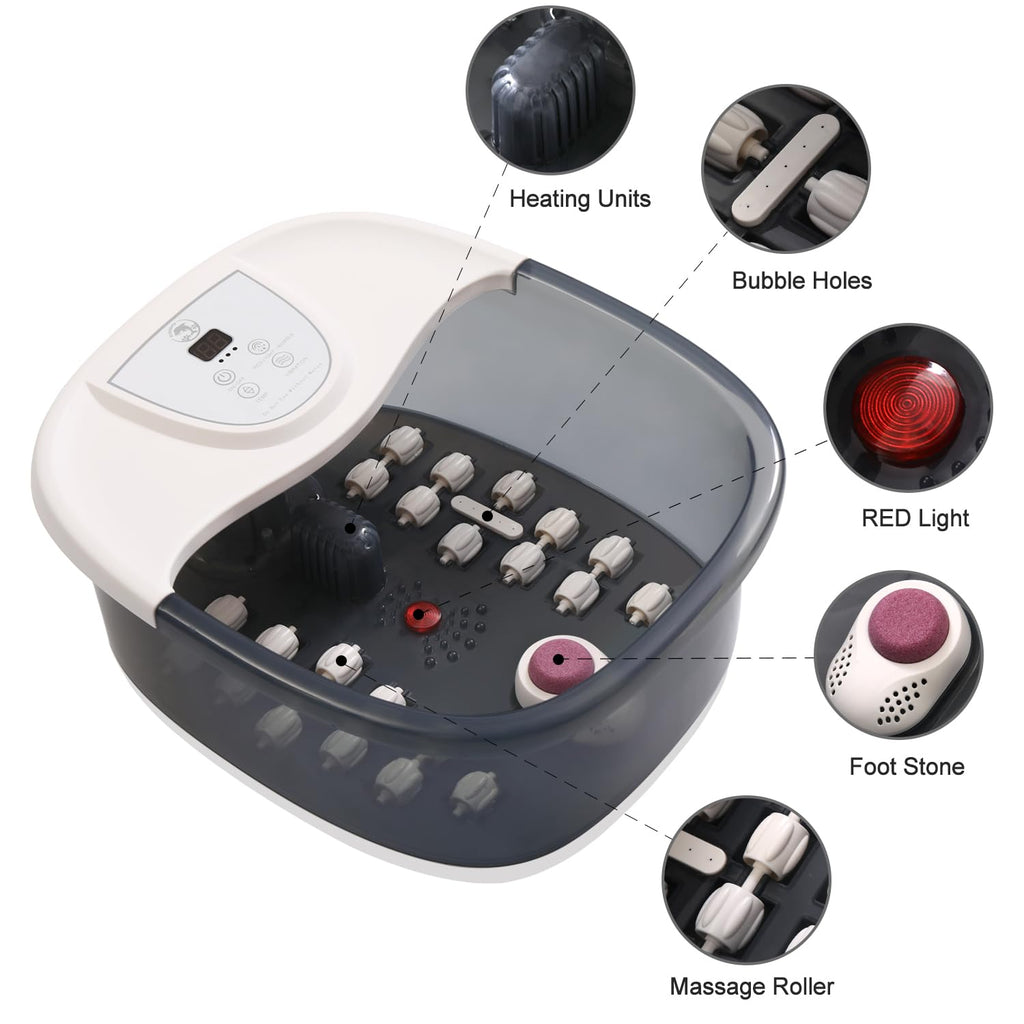 ECARBME Foot Spa Bath Massager packaging box and complete accessory kit layout