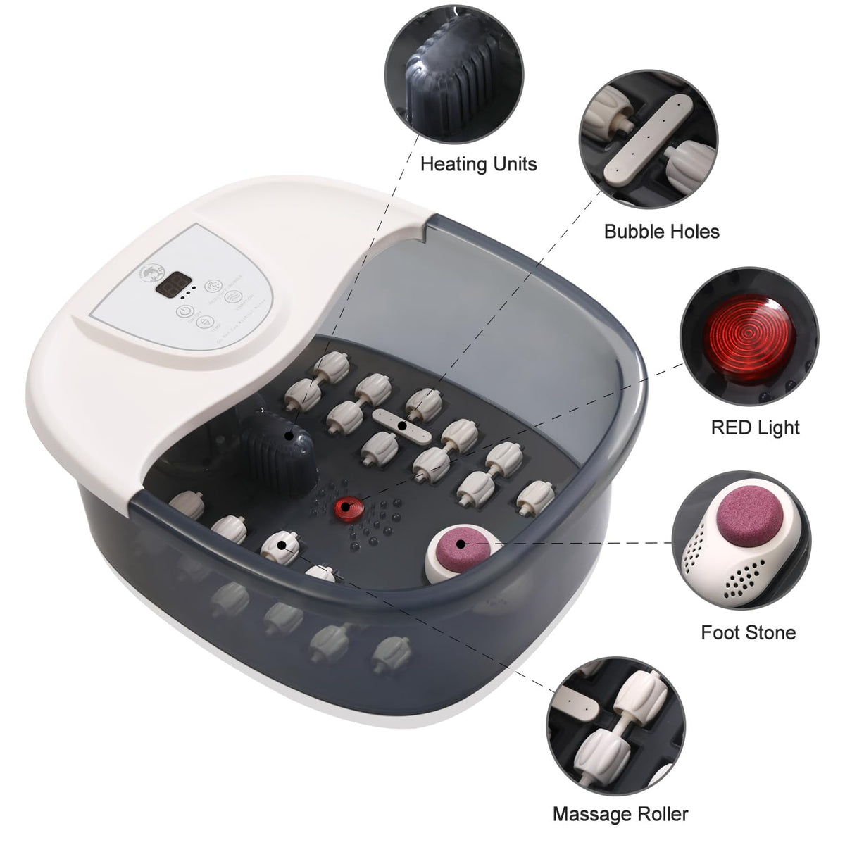 ECARBME Foot Spa Bath Massager packaging box and complete accessory kit layout