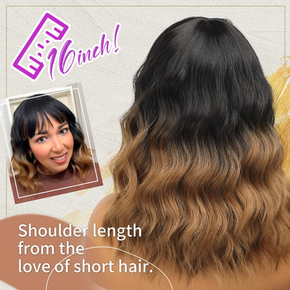 Detailing of the hand trimmed straight bangs on the front of the Nnzes black to brown synthetic wig.