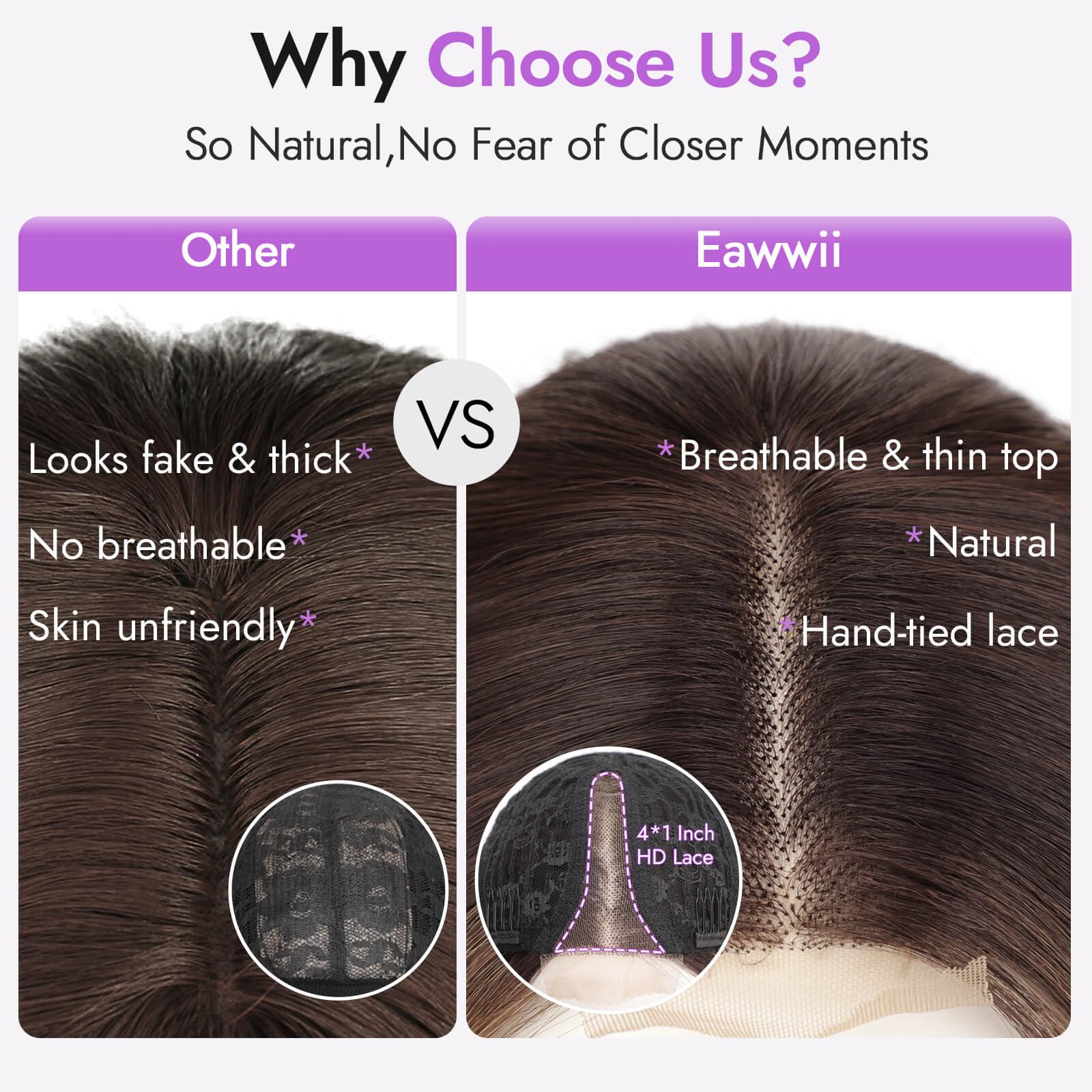 Close up shot of the dark brown roots and heat resistant synthetic fibers in soft waves.