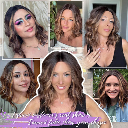 Chestnut brown and golden brown mixed fibers of the pre styled glueless bob wig.