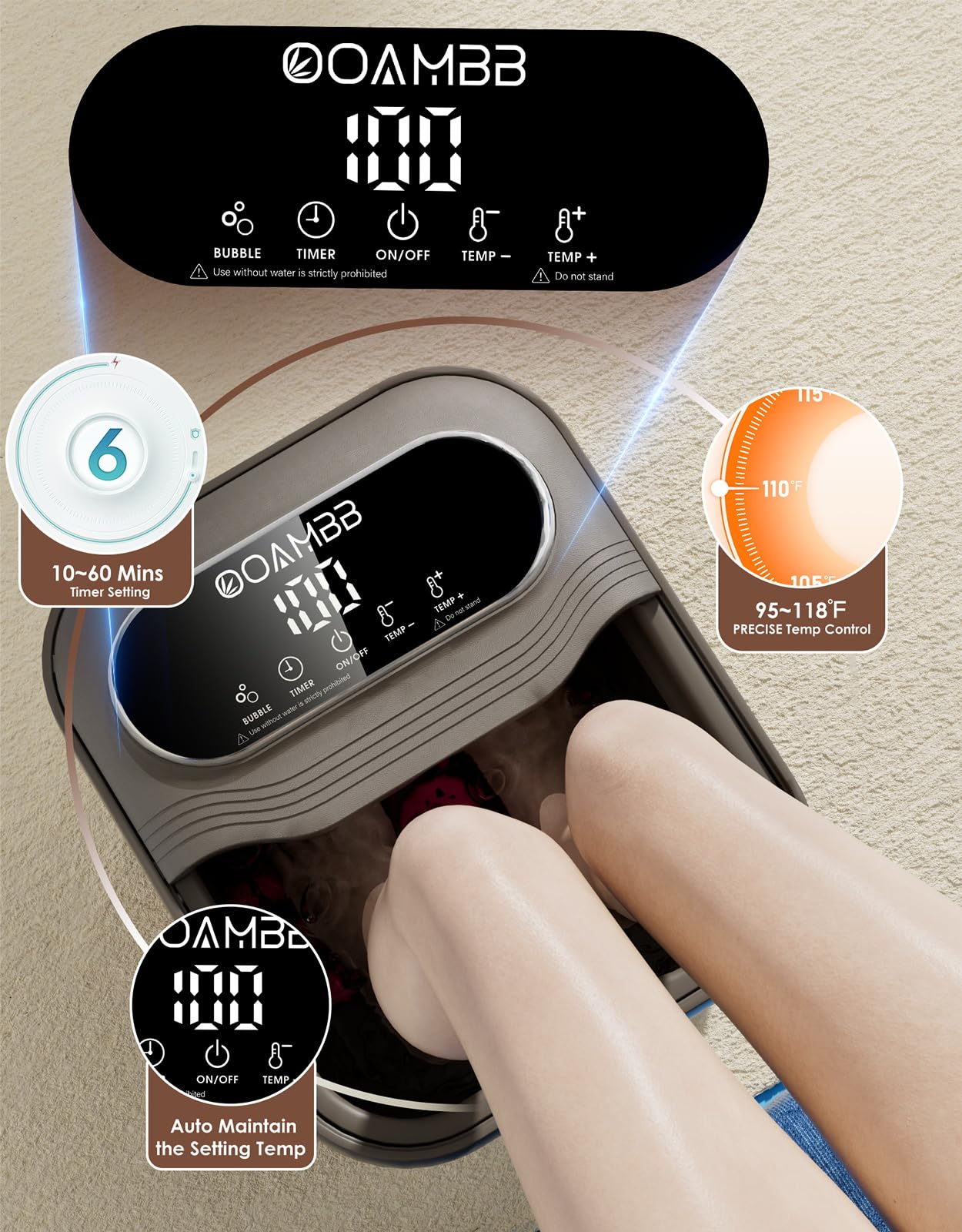 Interior view showing massage rollers and bubble jets