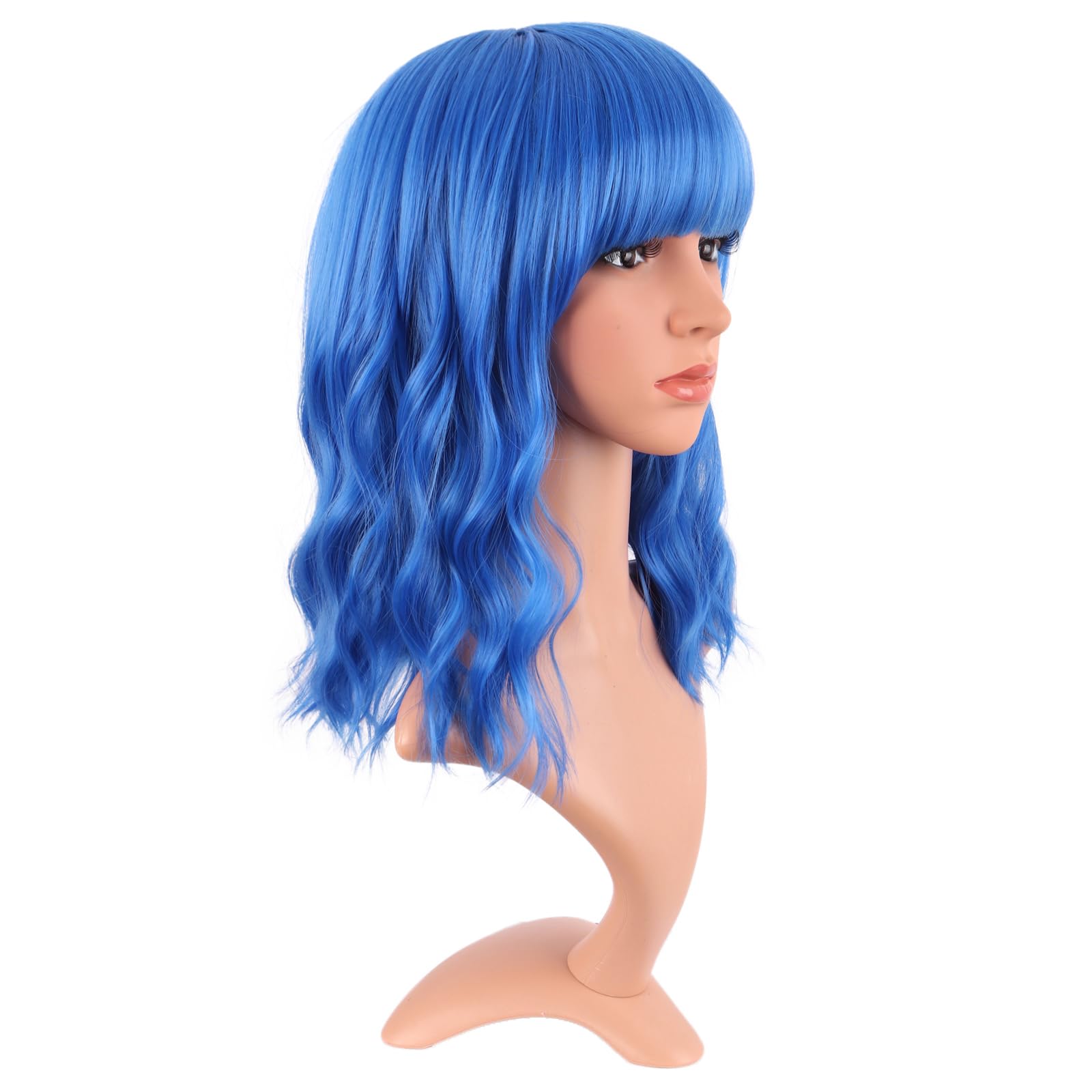 Side angle of the 14 inch mixed vivid blue synthetic hair wig displaying the wavy texture.