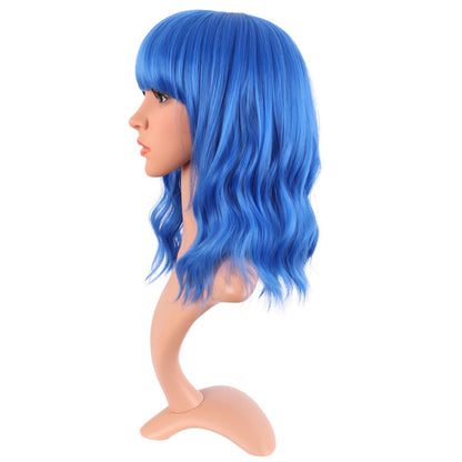 Close up view of the heat resistant synthetic fibers and smooth flat bangs style.