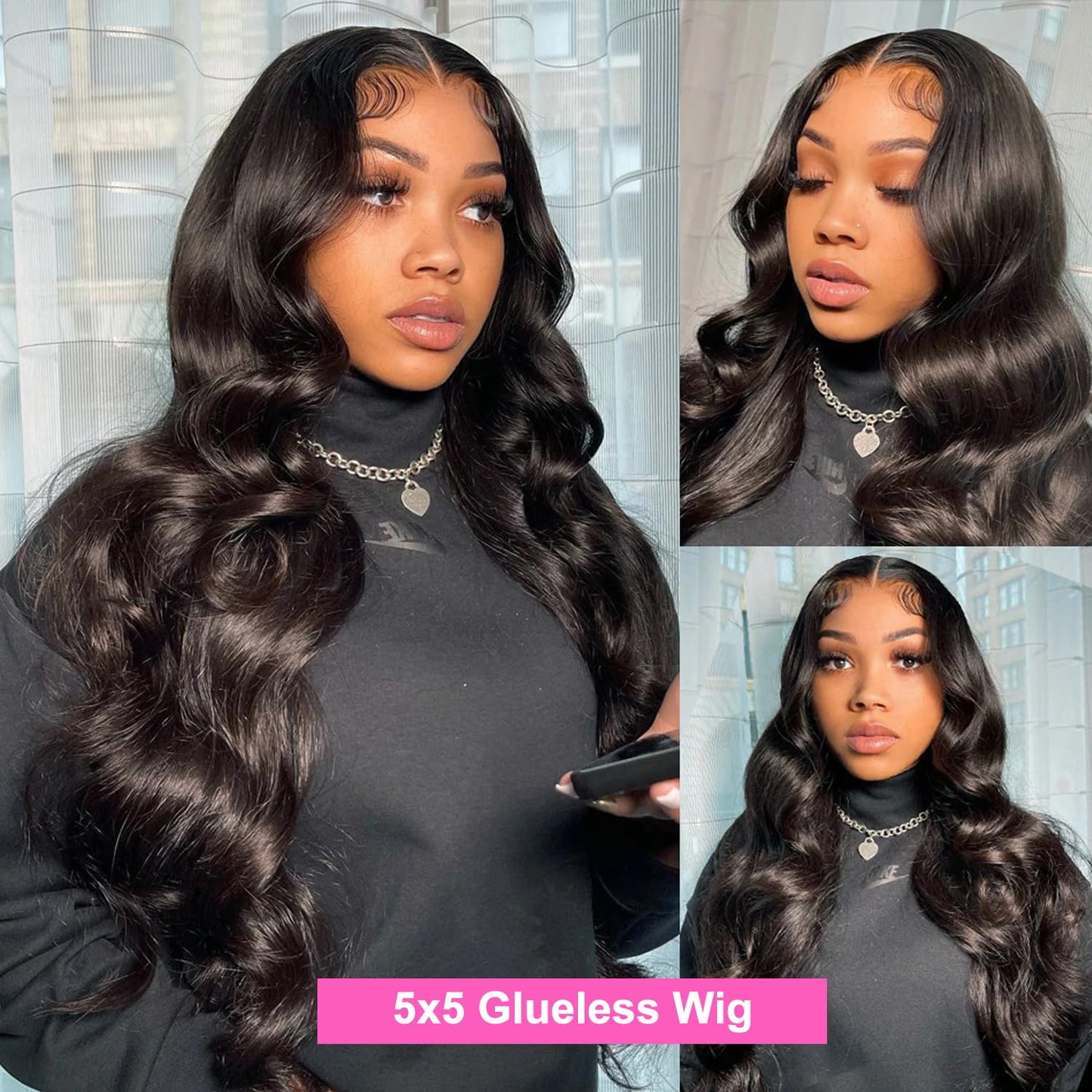 Side view of the 28 inch glueless front lace wig showing seamless side profile blend
