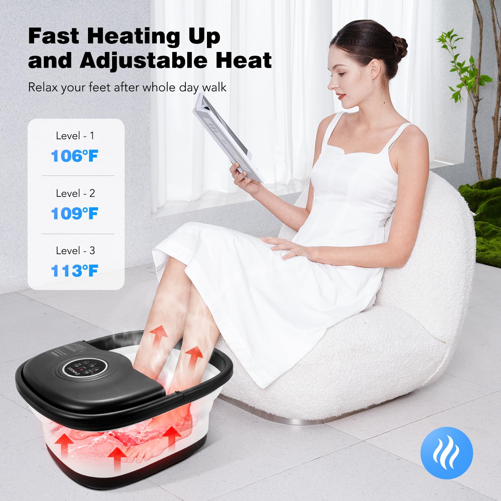 Side view of collapsed Knqze foot spa for storage