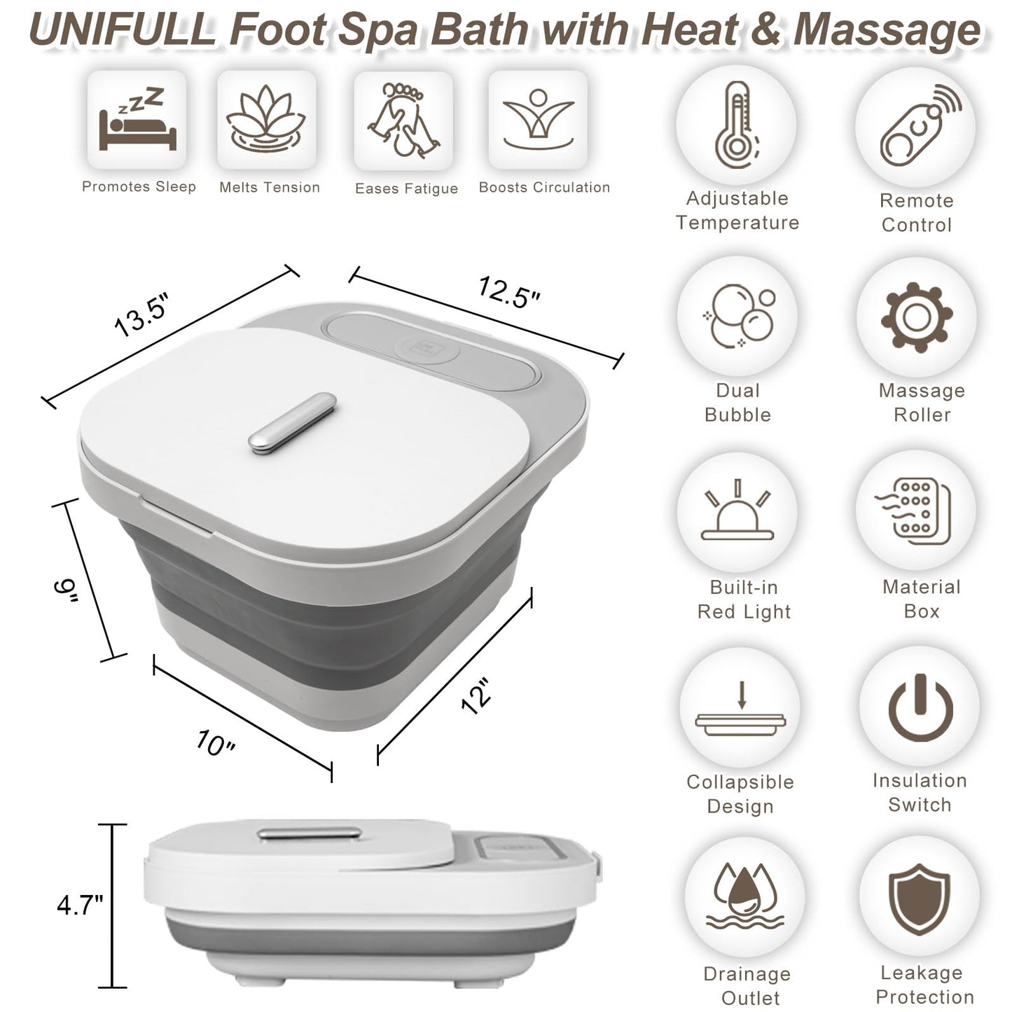 Unifull foldable foot massager tub with heat settings displayed