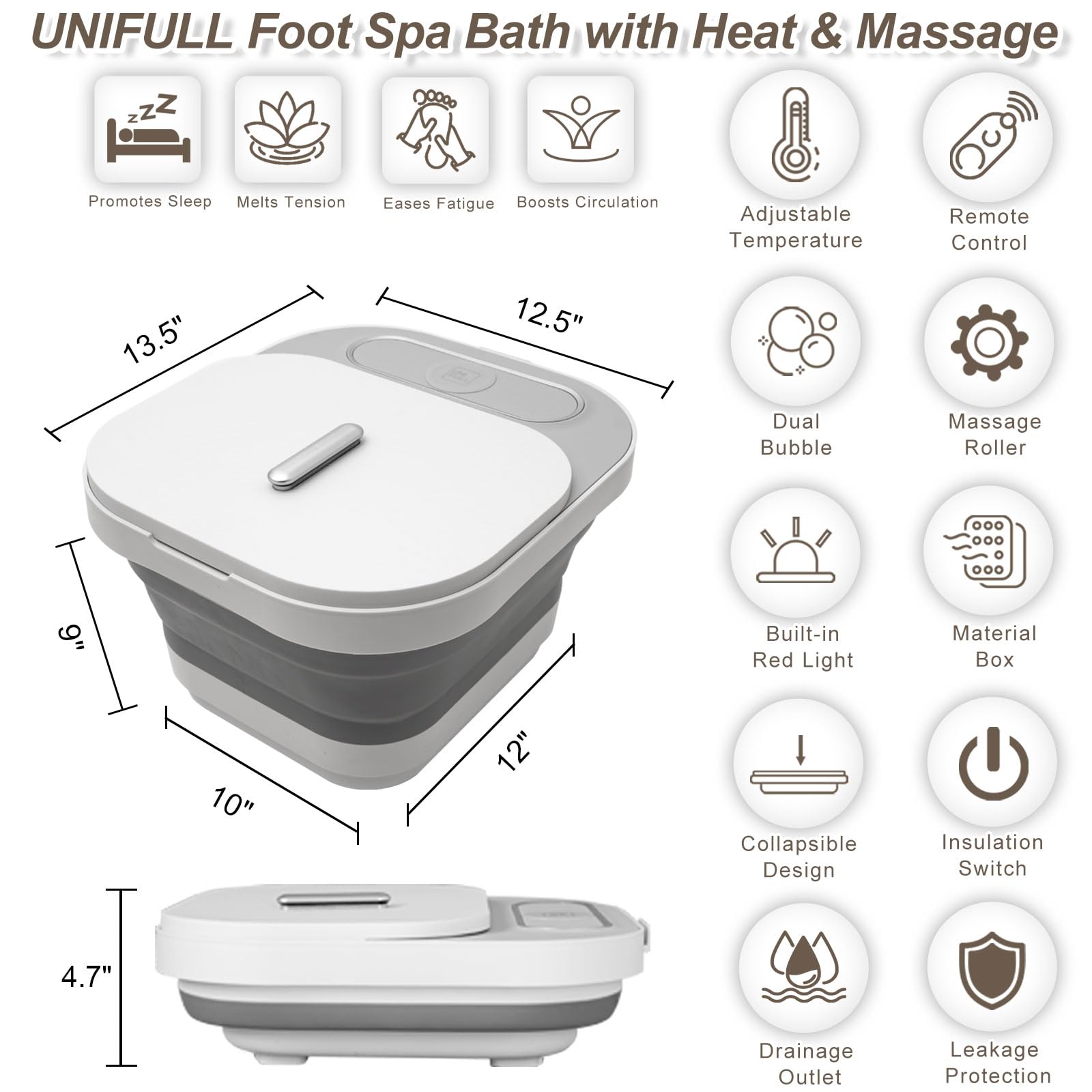 Unifull foldable foot massager tub with heat settings displayed