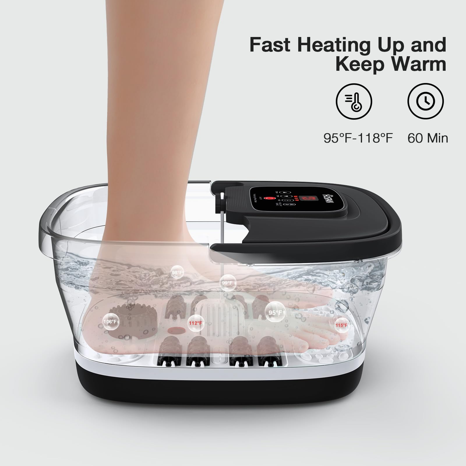 Close up of 8 shiatsu massage rollers in Hospan foot bath