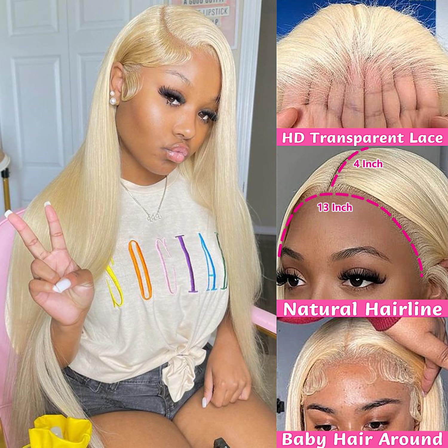 Close-up profile of the 13X4 HD transparent Swiss lace frontal on the GZX blonde wig showing how it melts seamlessly onto skin.