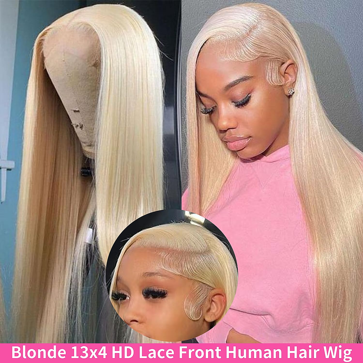Back perspective of the twenty-six inch straight blonde human hair wig illustrating the full volume and uniform one hundred and eighty percent density.