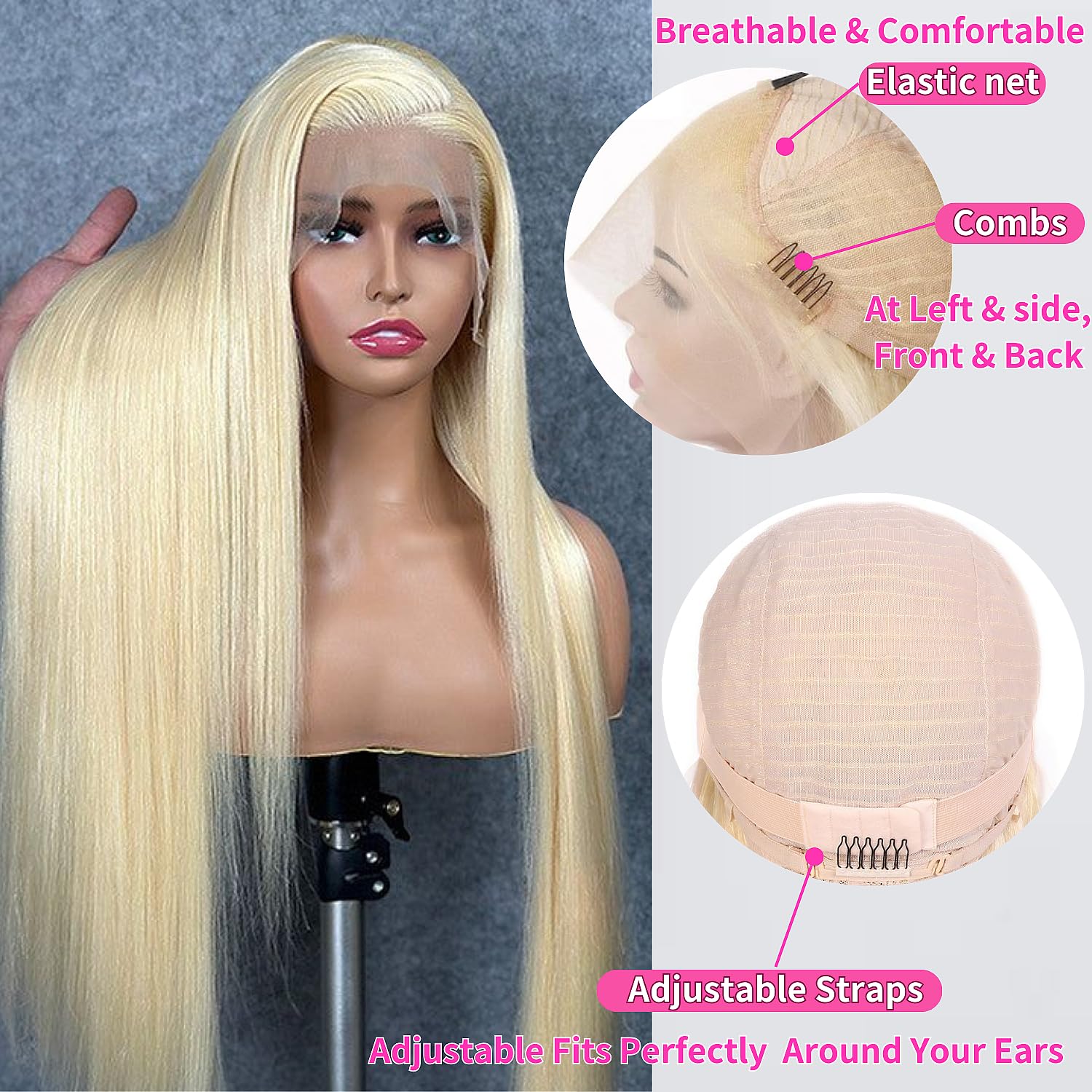 Detailed view of the delicate pre-plucked baby hairs along the hairline of the GZX blonde straight frontal wig.