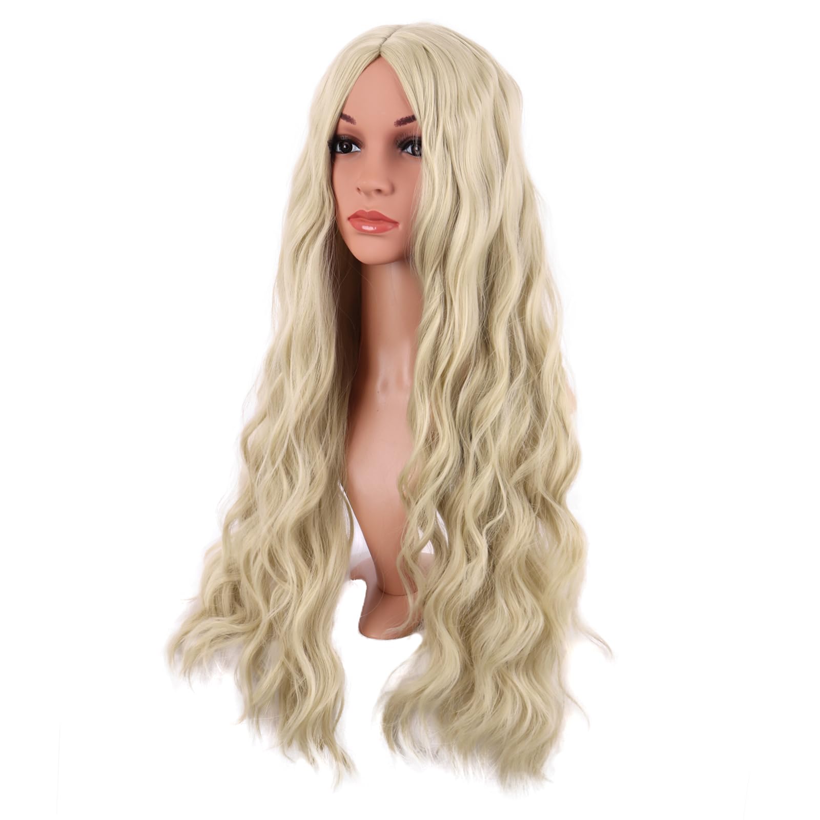 Side angle of MapofBeauty long wavy blonde party hairpiece for women costume wear.
