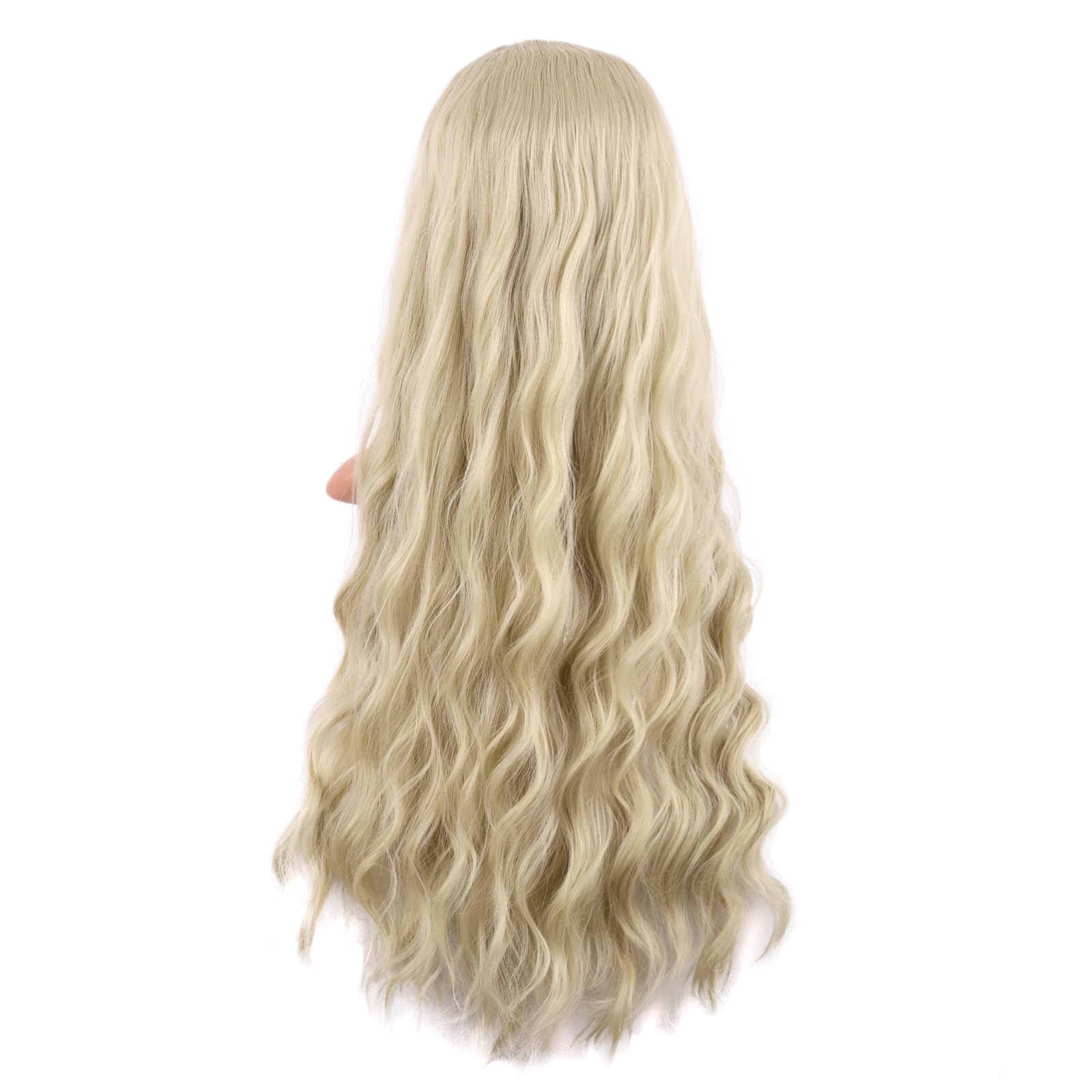 Close up view of the premium heat resistant synthetic fibers on the BERON blonde costume wig.