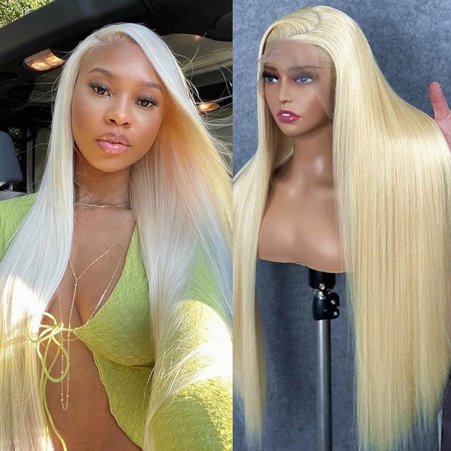 Texture close-up of the premium unprocessed Brazilian virgin human hair strands on the GZX straight blonde wig.