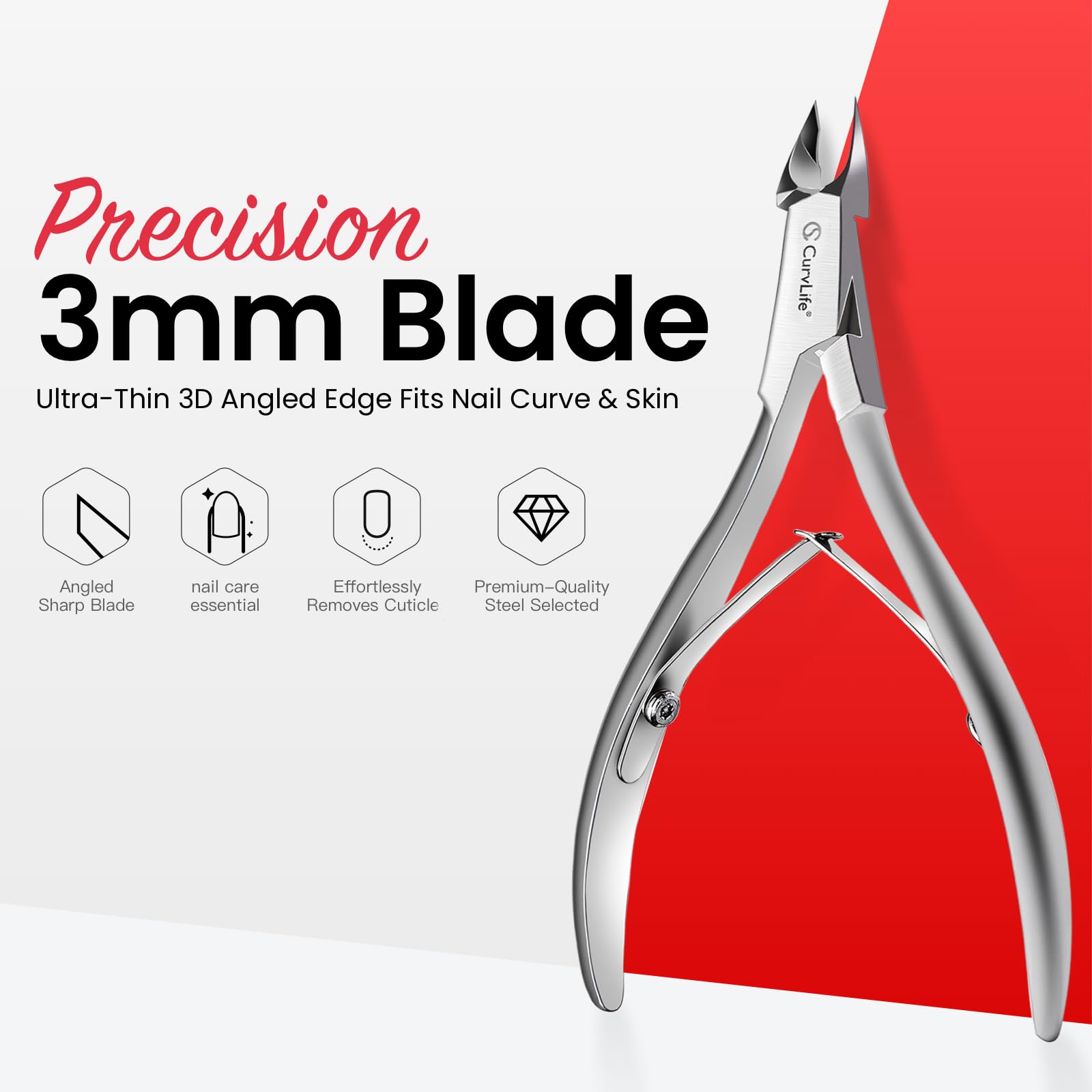 Close up of Curvlife stainless steel cuticle trimmer blade