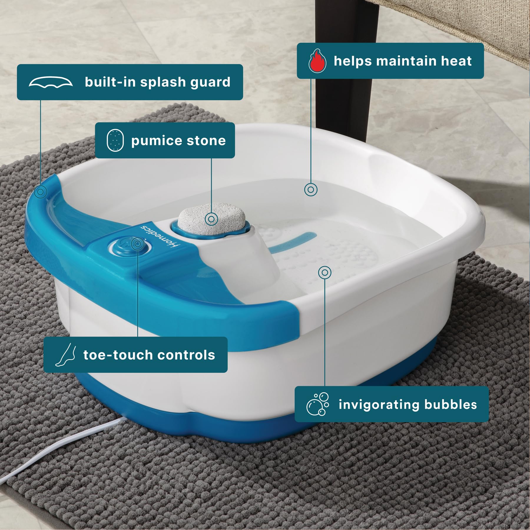 Homedics foot spa showing toe touch control button