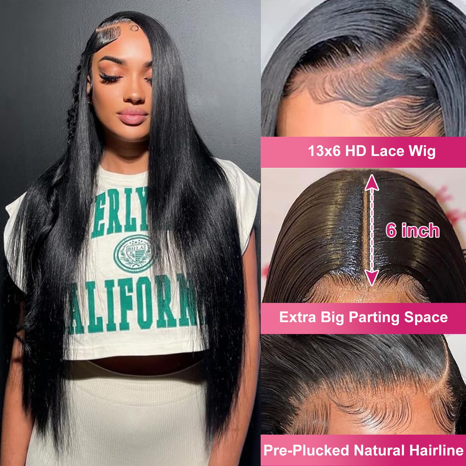 Close up of the thirteen by six HD transparent lace hairline on a straight human hair wig