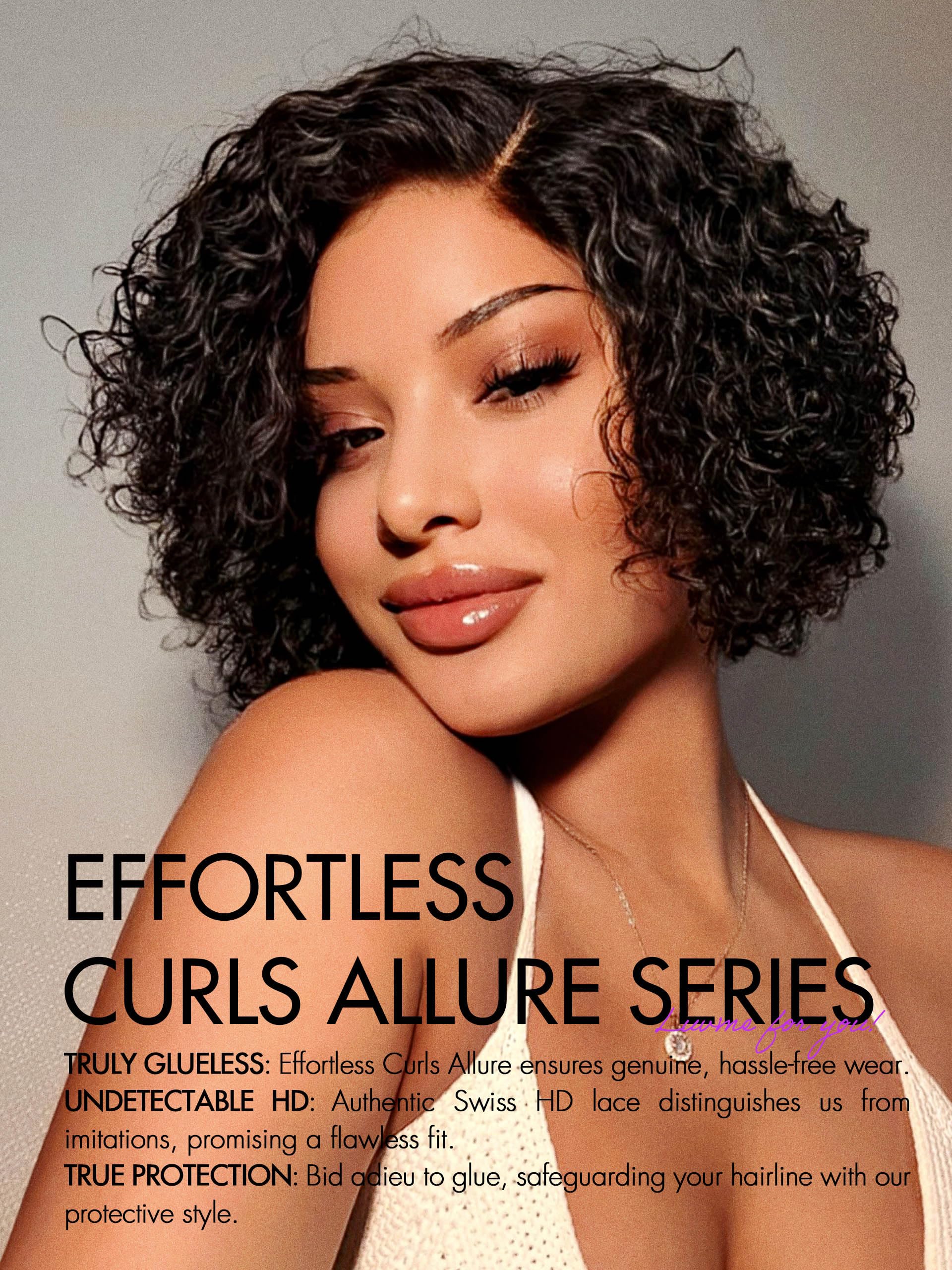 Luvme Hair short curly bob wig close up view highlighting the pre-plucked undetectable transparent lace side part.