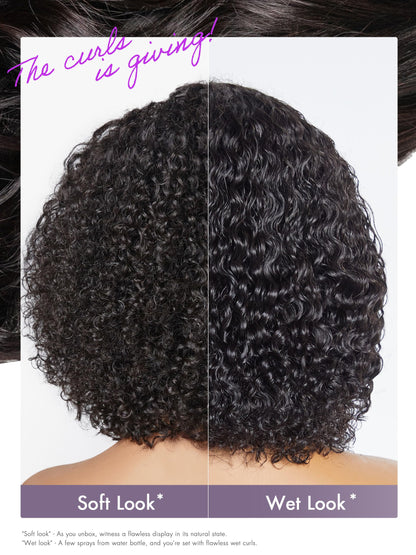 Luvme Hair 8 inch short curly lace front bob styling demonstration on a model showcasing a realistic scalp appearance.