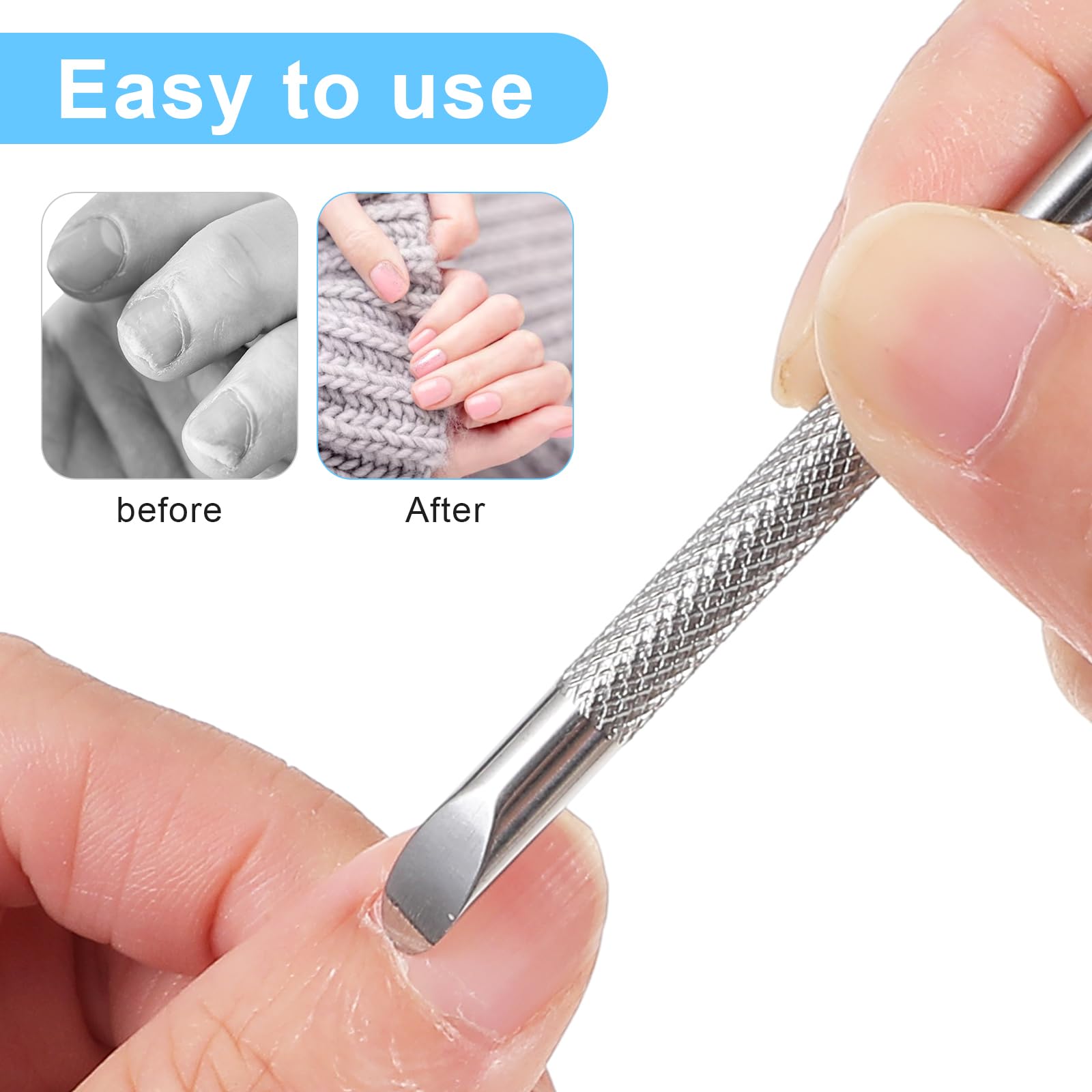 Stainless steel cuticle remover kit being used for precise salon pedicure prep work