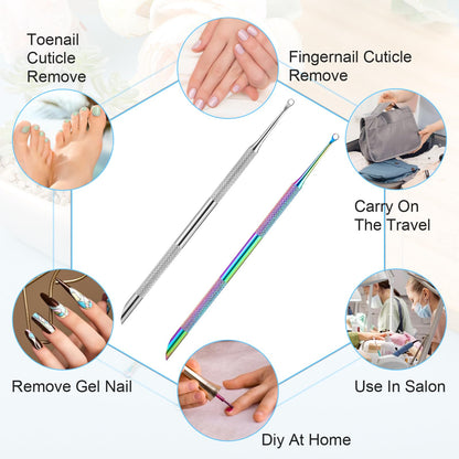 Professional grade metal cuticle pusher showing complete packaging dimensions and design details