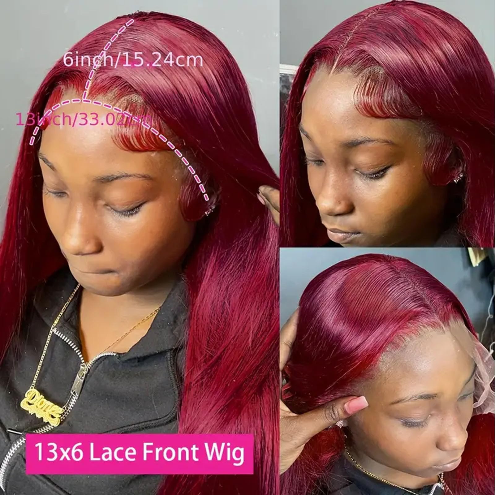Amadaier 99J red lace frontal wig close up hairline details