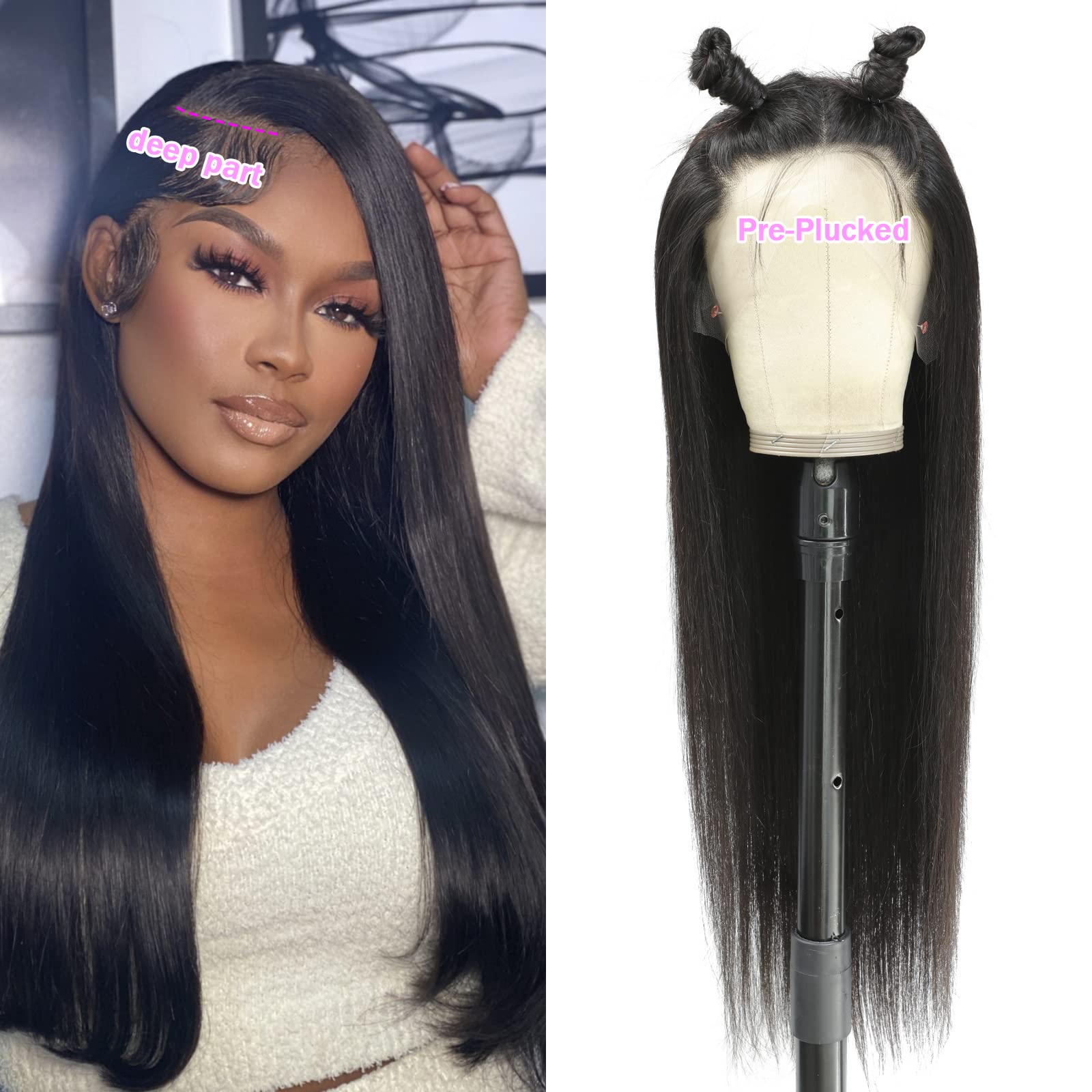 High density straight human hair wig showcasing natural texture and light reflection