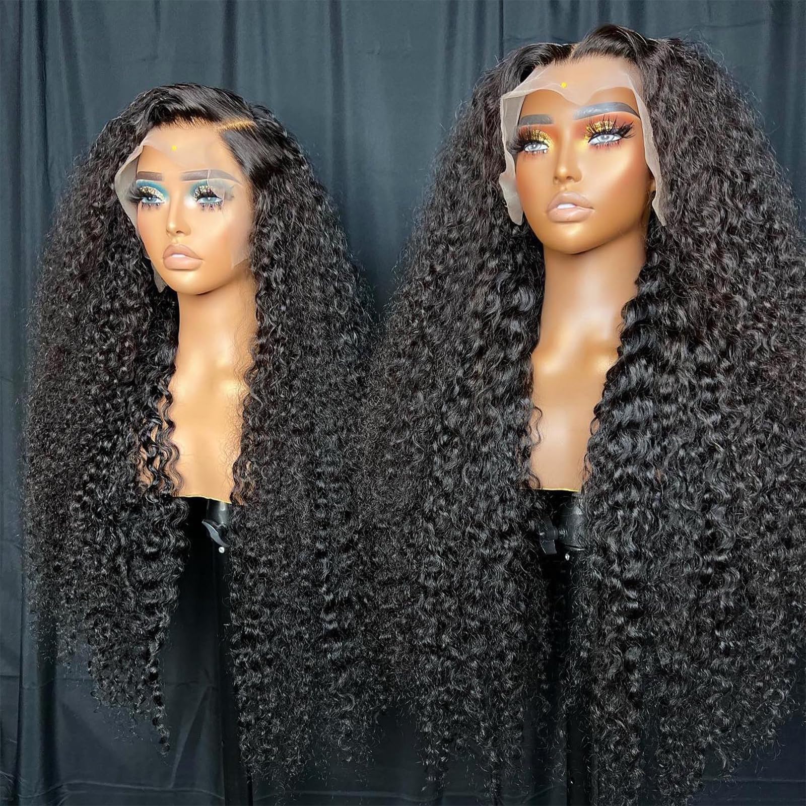 Back angle view displaying the full 200 percent density of the long curly wig.