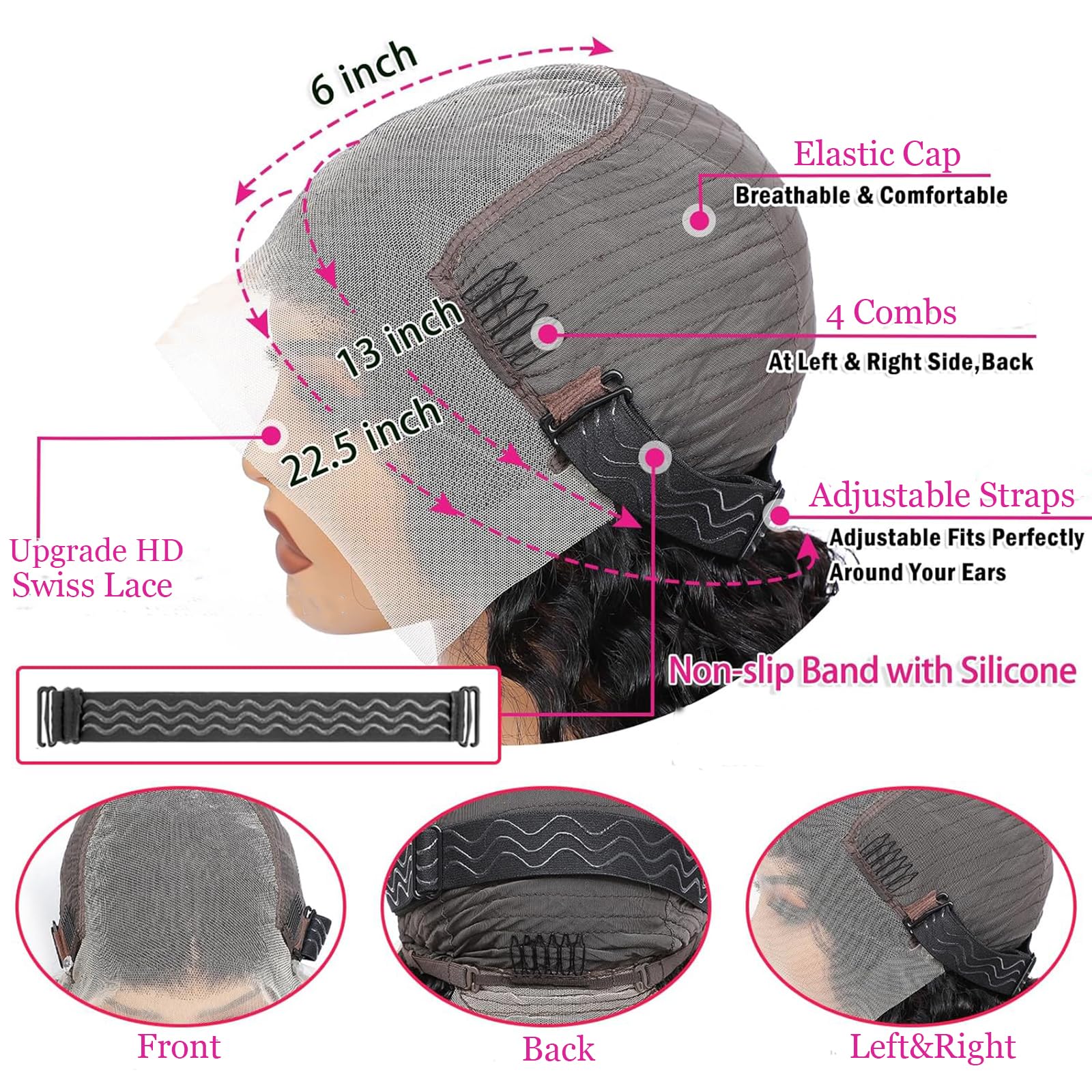 Interior cap construction of the KVFCT wig showing adjustable straps and combs.