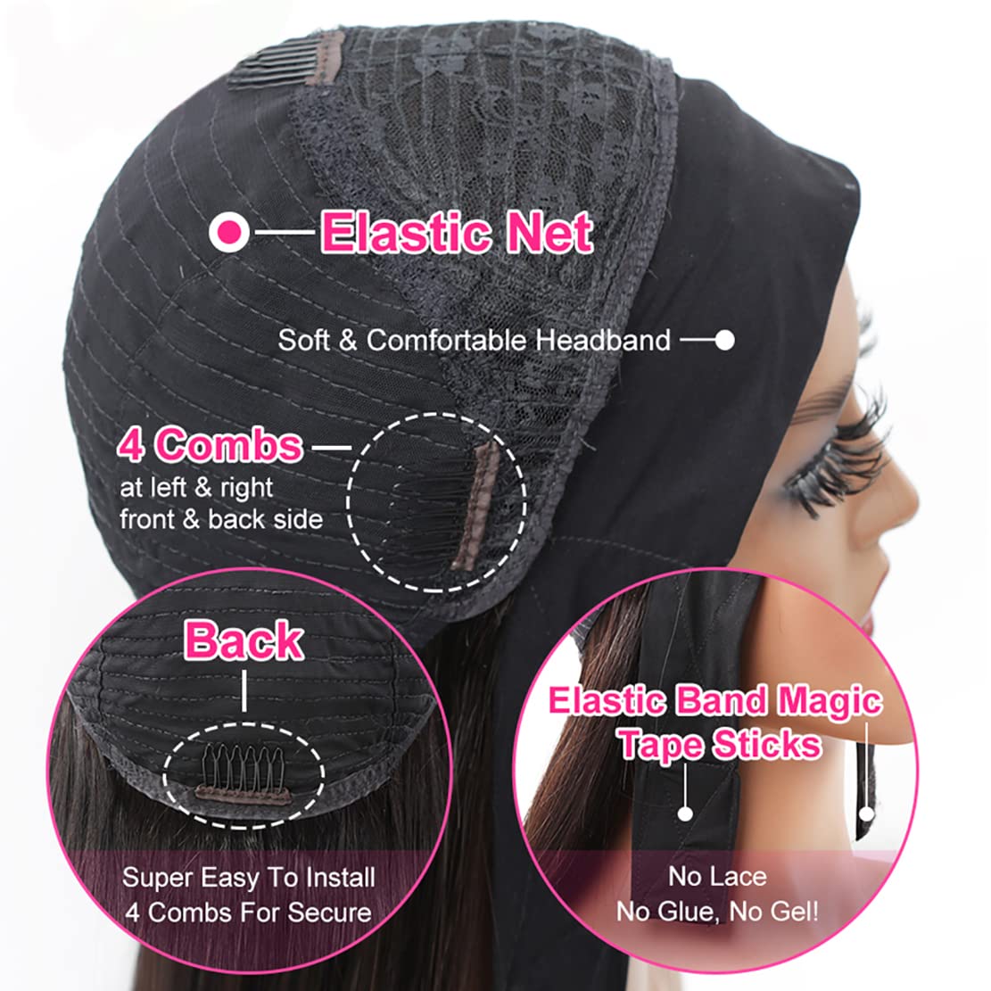 Glueless machine made human hair wig displaying the adjustable velcro straps and inner cap construction