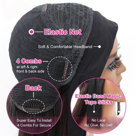Glueless machine made human hair wig displaying the adjustable velcro straps and inner cap construction