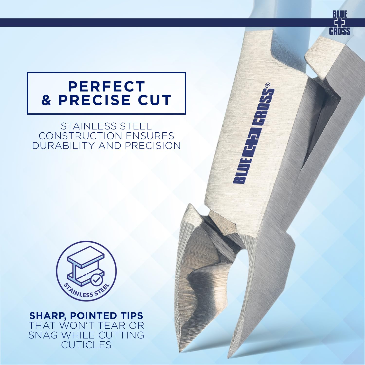 Ergonomic blue handle cuticle cutters for home manicures side view