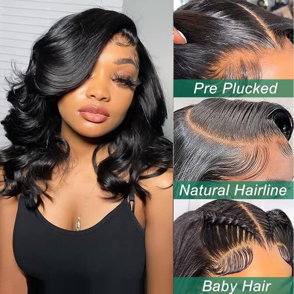 Side view of Douyin 14 inch natural black body wave bob wig on a model.