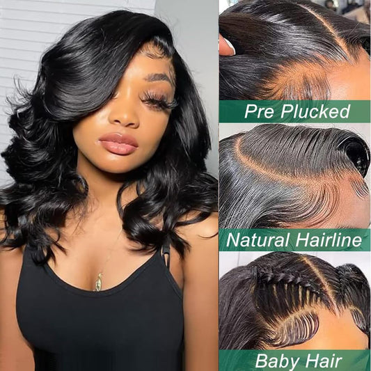 Side view of Douyin 14 inch natural black body wave bob wig on a model.