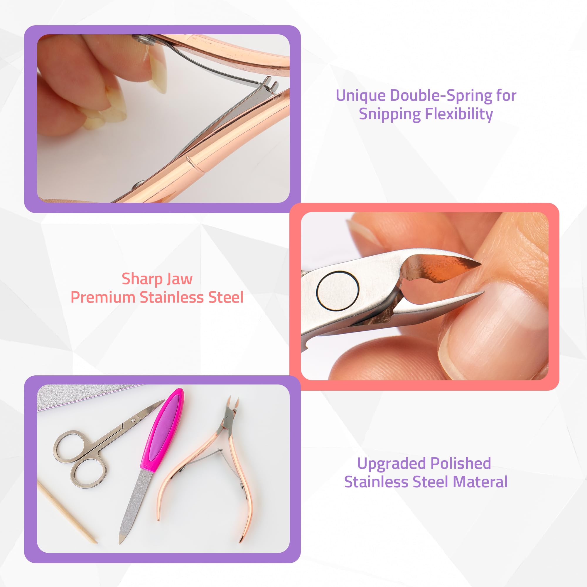 Close up view of the sharp blades on the Utopia Care rainbow cuticle nipper for precise nail grooming